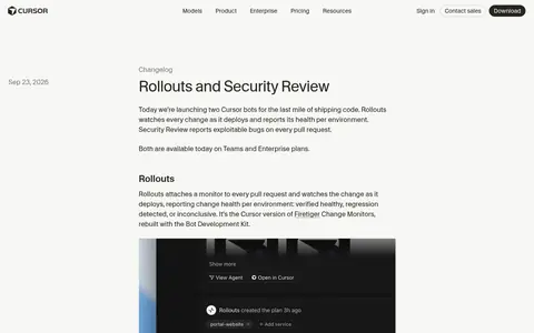 Cursor Rollouts & Security Review homepage (screenshot of cursor.com)