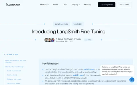 LangSmith Fine-Tuning homepage (screenshot of langchain.com)