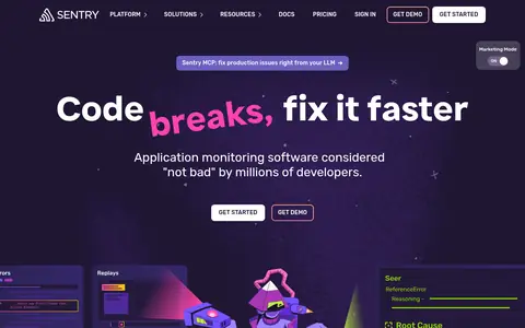 Sentry homepage (screenshot of sentry.io)