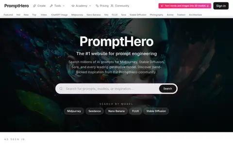 PromptHero homepage (screenshot of prompthero.com)